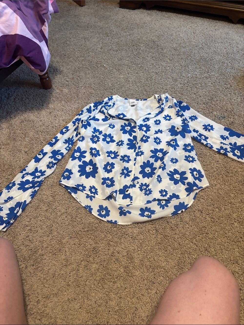 Cabi White Blouse with Blue Floral Print